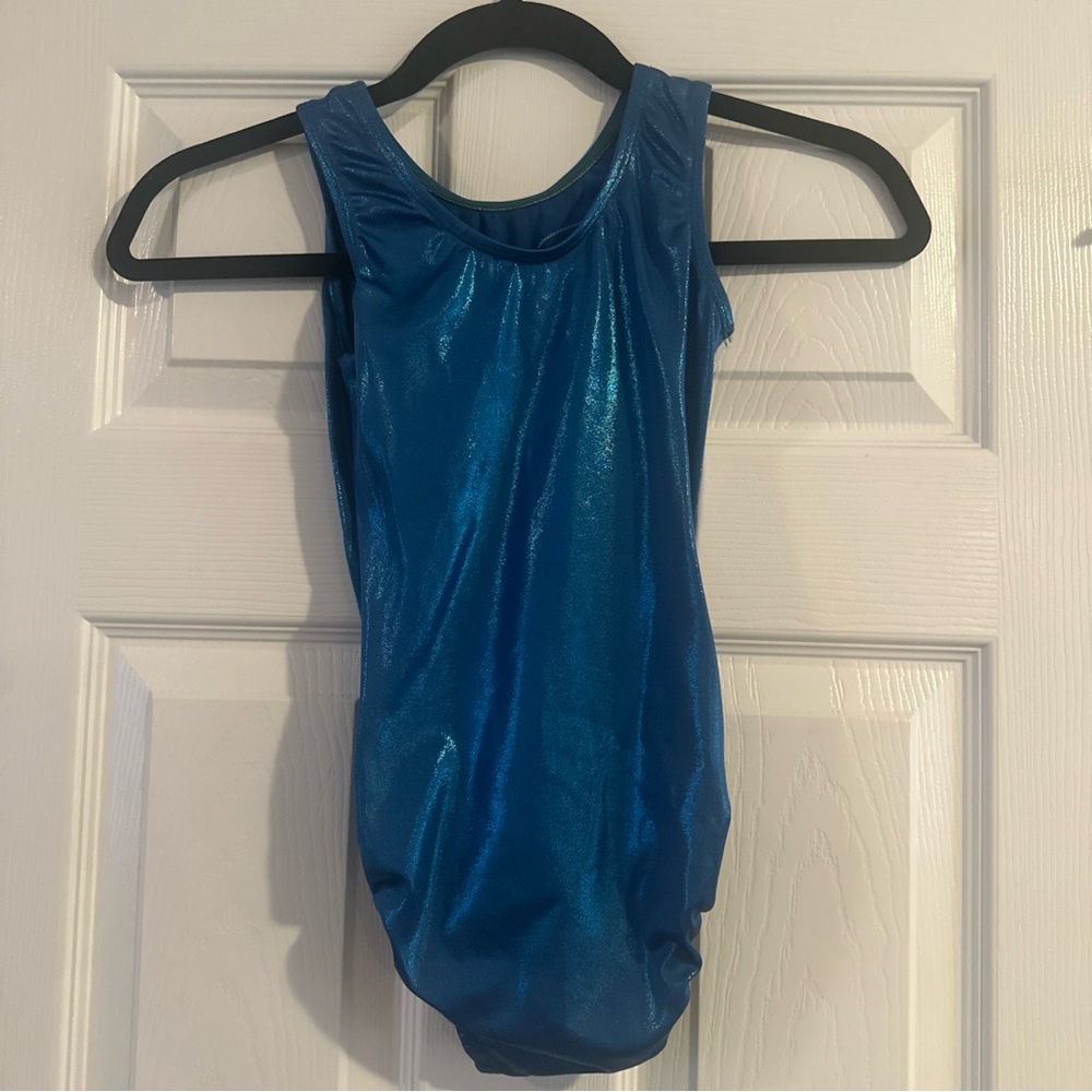 Snowflake Designs Gymnastics Leotard Holographic Teal Black & White Size L - Picture 4 of 5